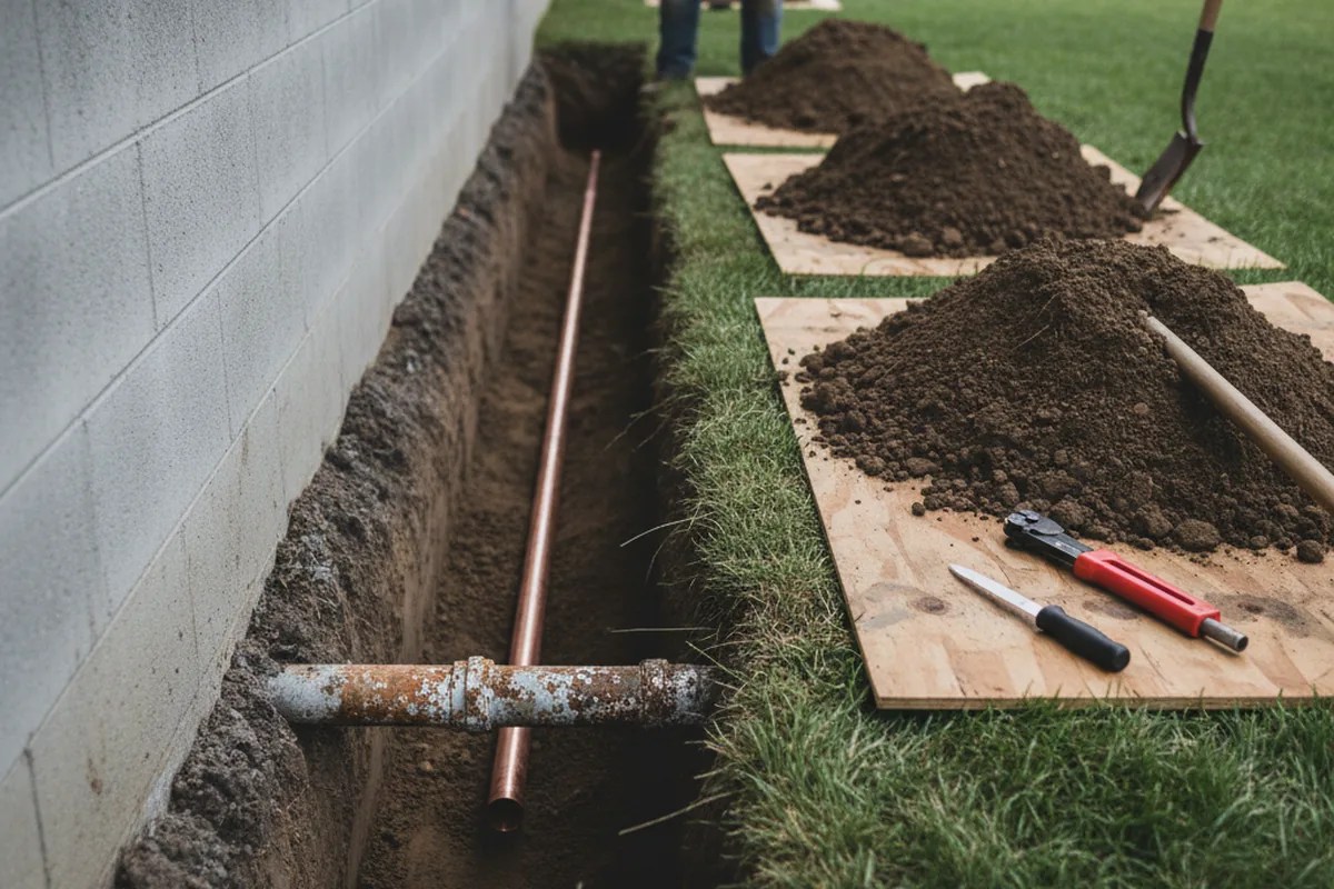 Excavated water line trench during Water Softener Installation in Fairdale